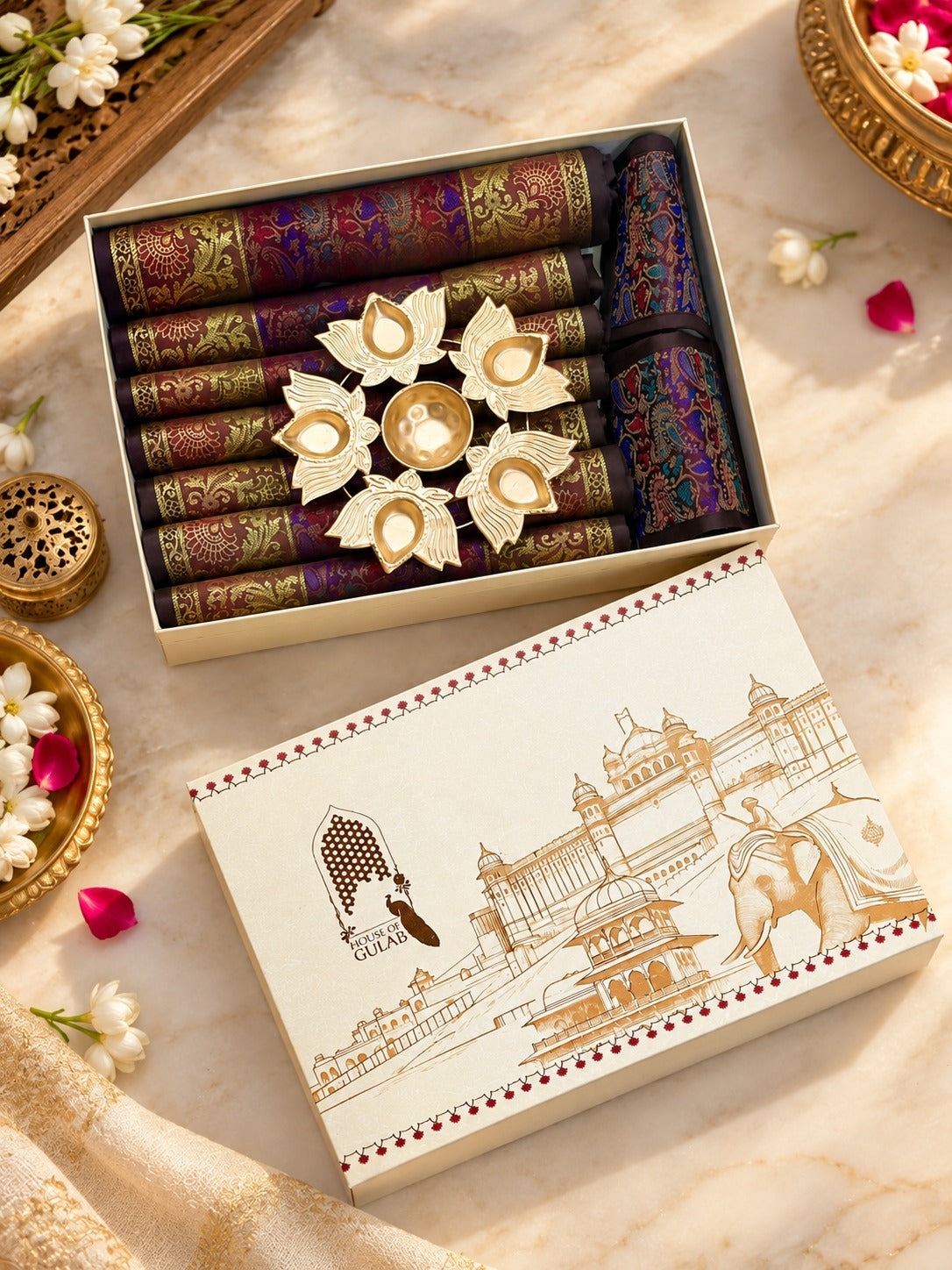 Gift Box with Banarasi Zari Table Runner, Set Of 6 Mats, 6 coaster