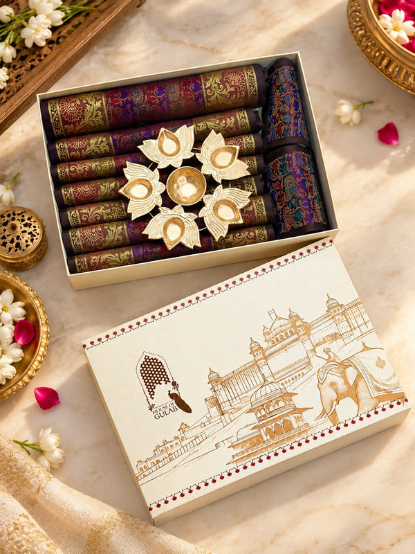 Gift Box with Banarasi Zari Table Runner, Set Of 6 Mats, 6 coaster