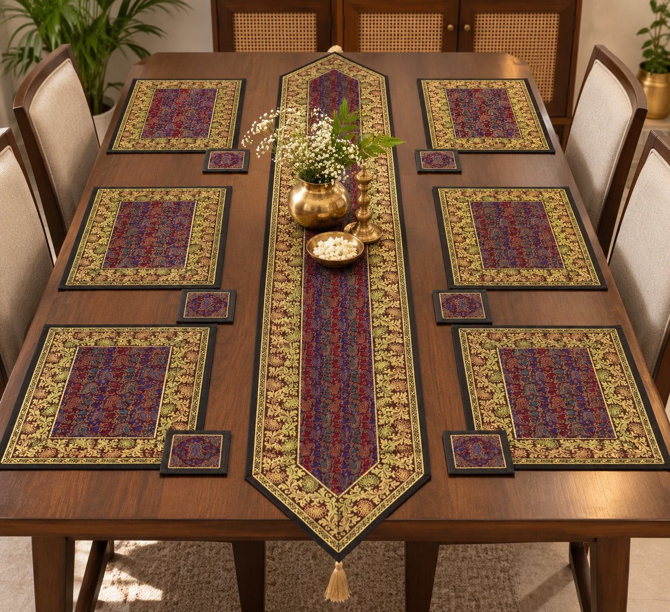 Gift Box with Banarasi Zari Table Runner, Set Of 6 Mats, 6 coaster