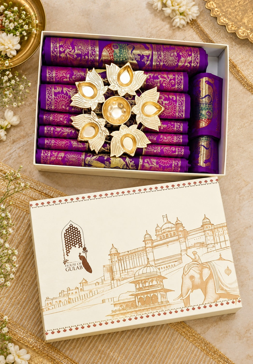Gift Box with Banarasi Zari Table Runner, Set Of 6 Mats, 6 coaster
