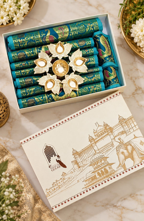 Gift Box with Banarasi Zari Table Runner, Set Of 6 Mats, 6 coaster