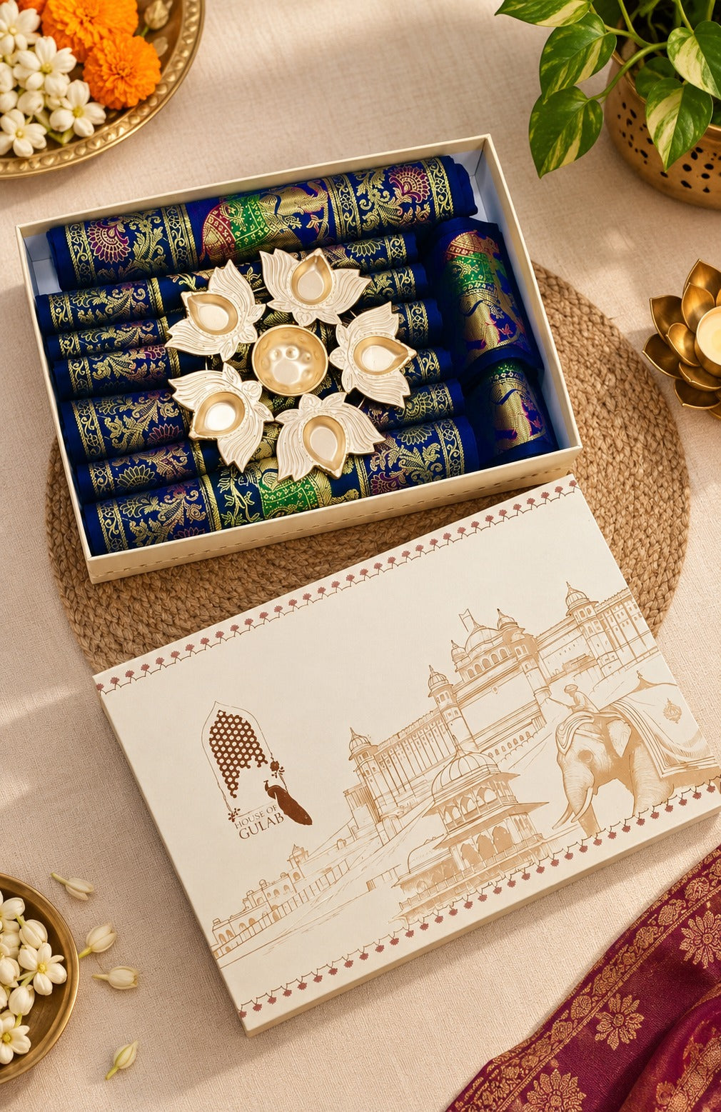 Gift Box with Banarasi Zari Table Runner, Set Of 6 Mats, 6 coaster
