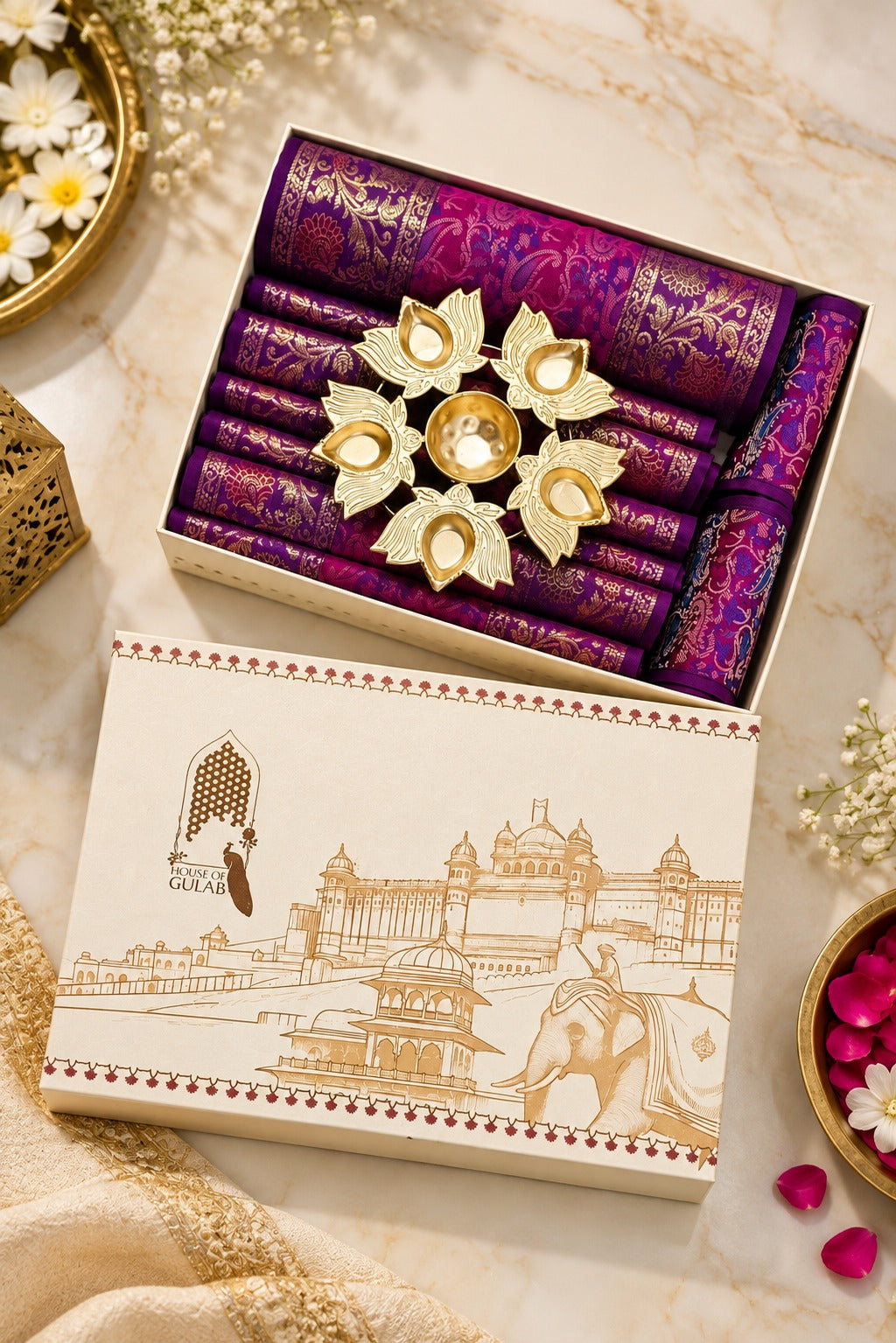 Gift Box with Banarasi Zari Table Runner, Set Of 6 Mats, 6 coaster