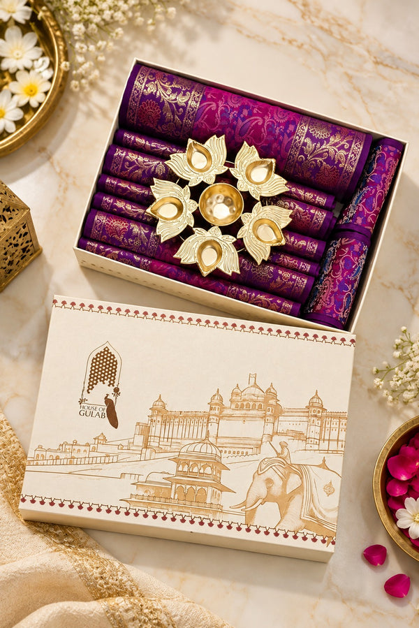 Gift Box with Banarasi Zari Table Runner, Set Of 6 Mats, 6 coaster