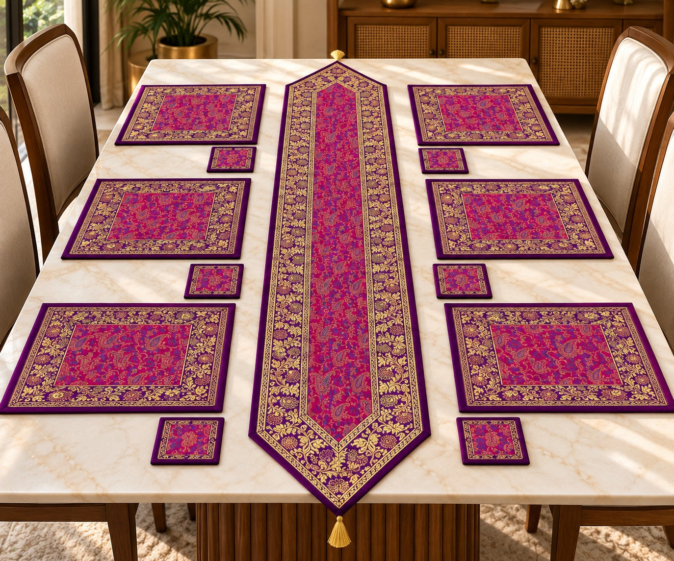Gift Box with Banarasi Zari Table Runner, Set Of 6 Mats, 6 coaster