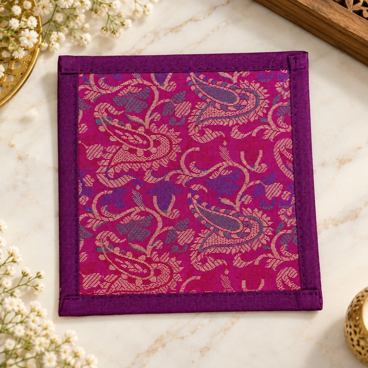 Gift Box with Banarasi Zari Table Runner, Set Of 6 Mats, 6 coaster