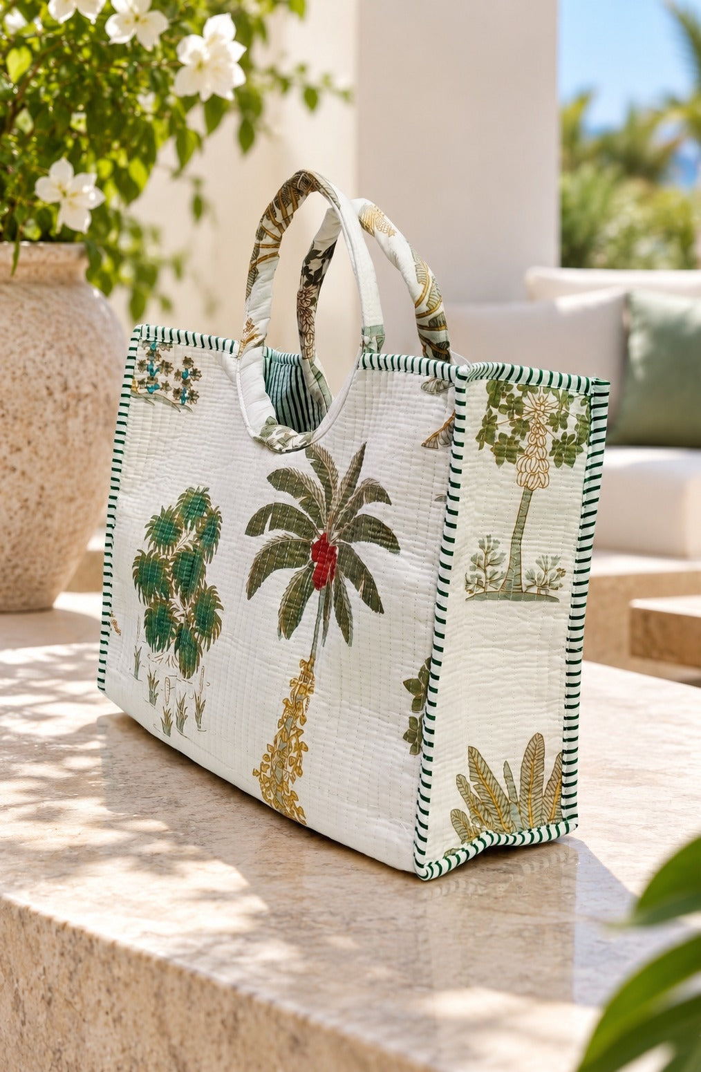 Handblock Printed Cotton Tote Bag with Unique Moon-Shaped Handle- 14x14x6 inches