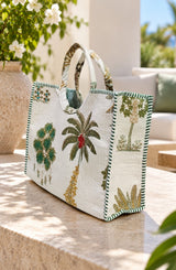 Handblock Printed Cotton Tote Bag with Unique Moon-Shaped Handle- 14x14x6 inches