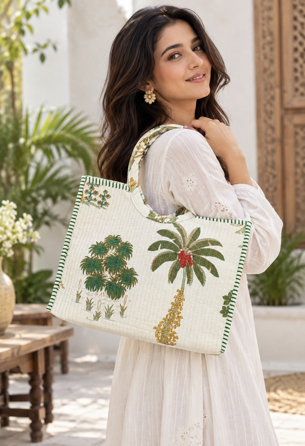 Handblock Printed Cotton Tote Bag with Unique Moon-Shaped Handle- 14x14x6 inches