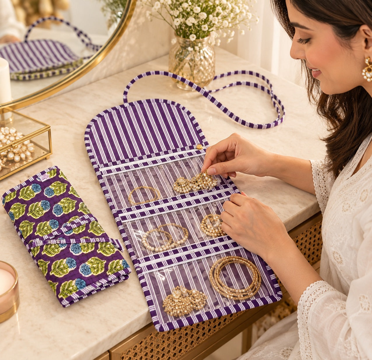 Handcrafted Travel Jewelry Organizer Roll | Artisan Fabric Jewelry Pouch