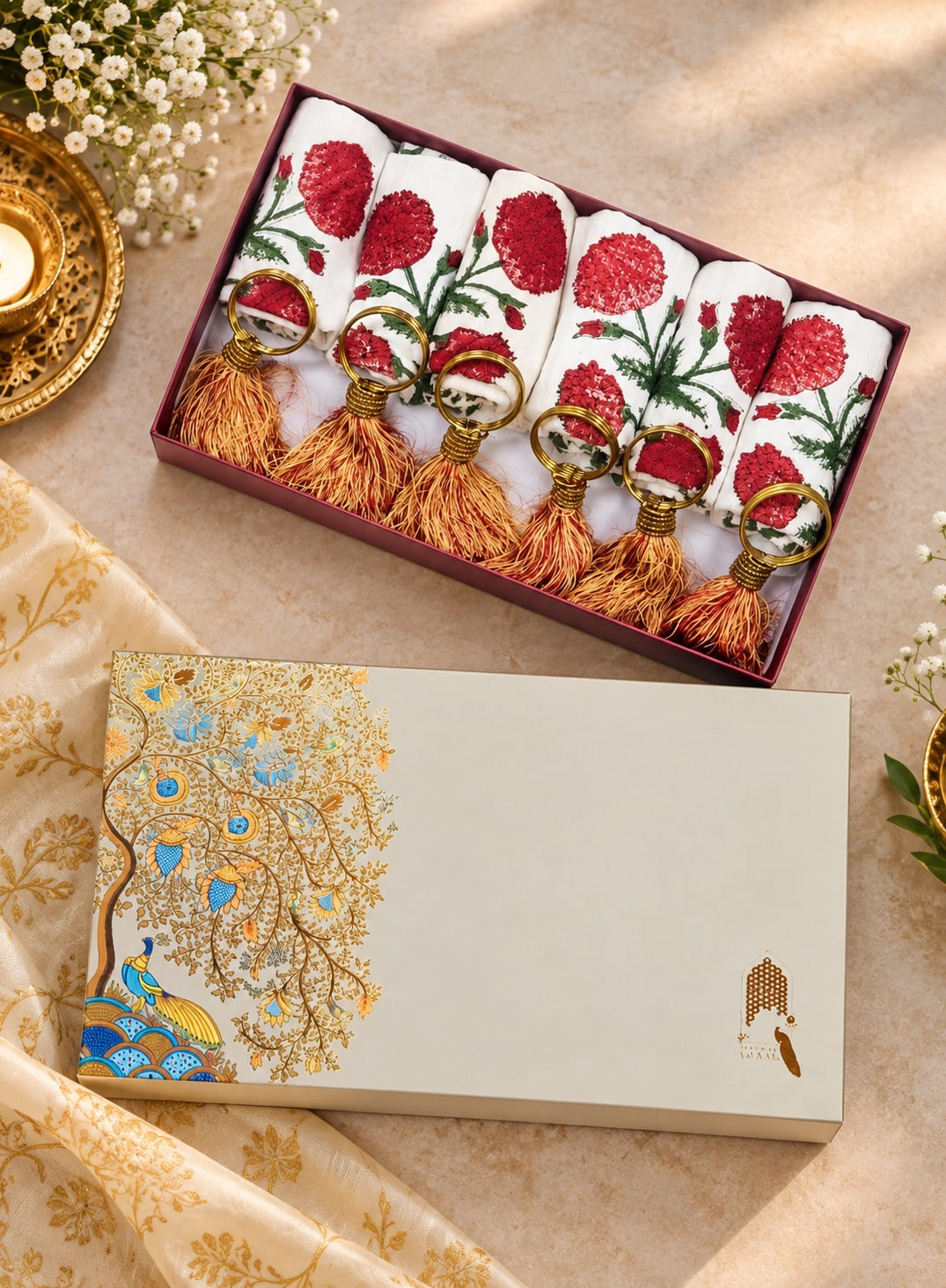 Diwali Gift Box - Hand Block Printed Cotton Napkin Set of 6 with Tassel Napkin Rings