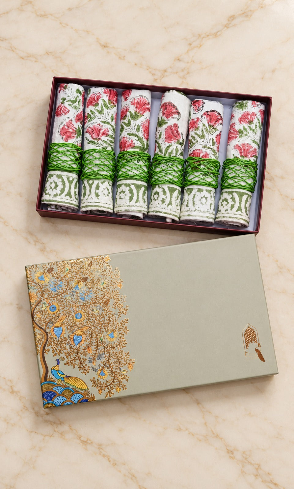 Diwali Gift Box - Hand Block Printed Cotton Napkin Set of 6 with Tassel Napkin Rings