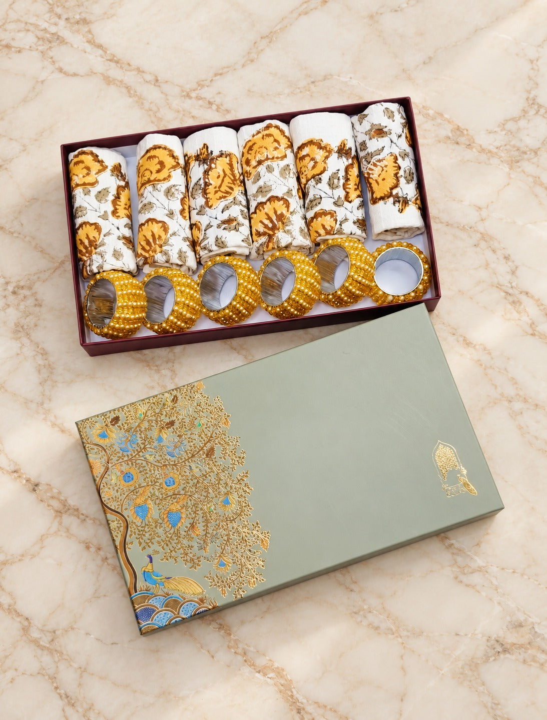 Diwali Gift Box - Hand Block Printed Cotton Napkin Set of 6 with Tassel Napkin Rings