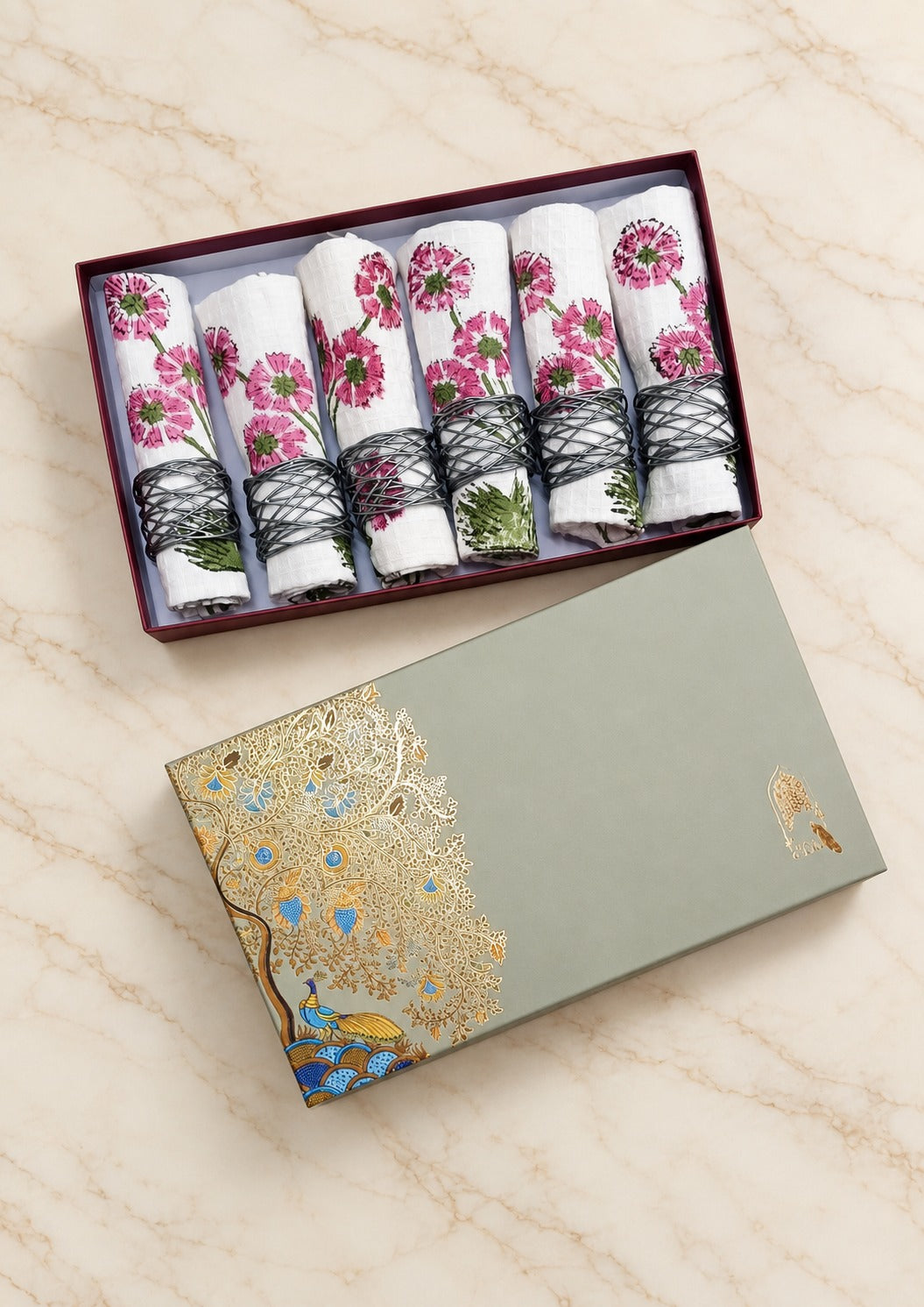 Diwali Gift Box - Hand Block Printed Cotton Napkin Set of 6 with Tassel Napkin Rings