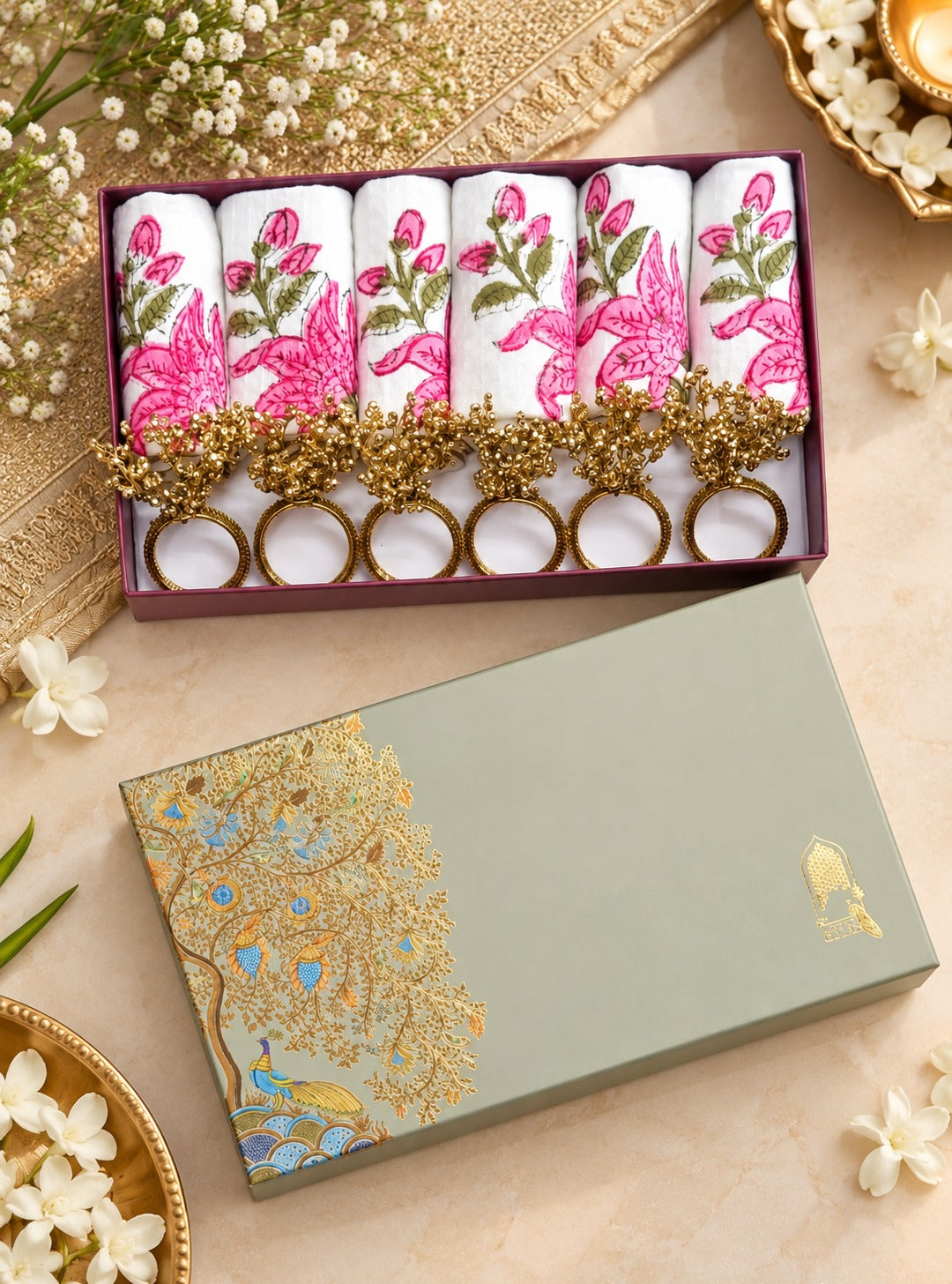 Diwali Gift Box - Hand Block Printed Cotton Napkin Set of 6 with Tassel Napkin Rings