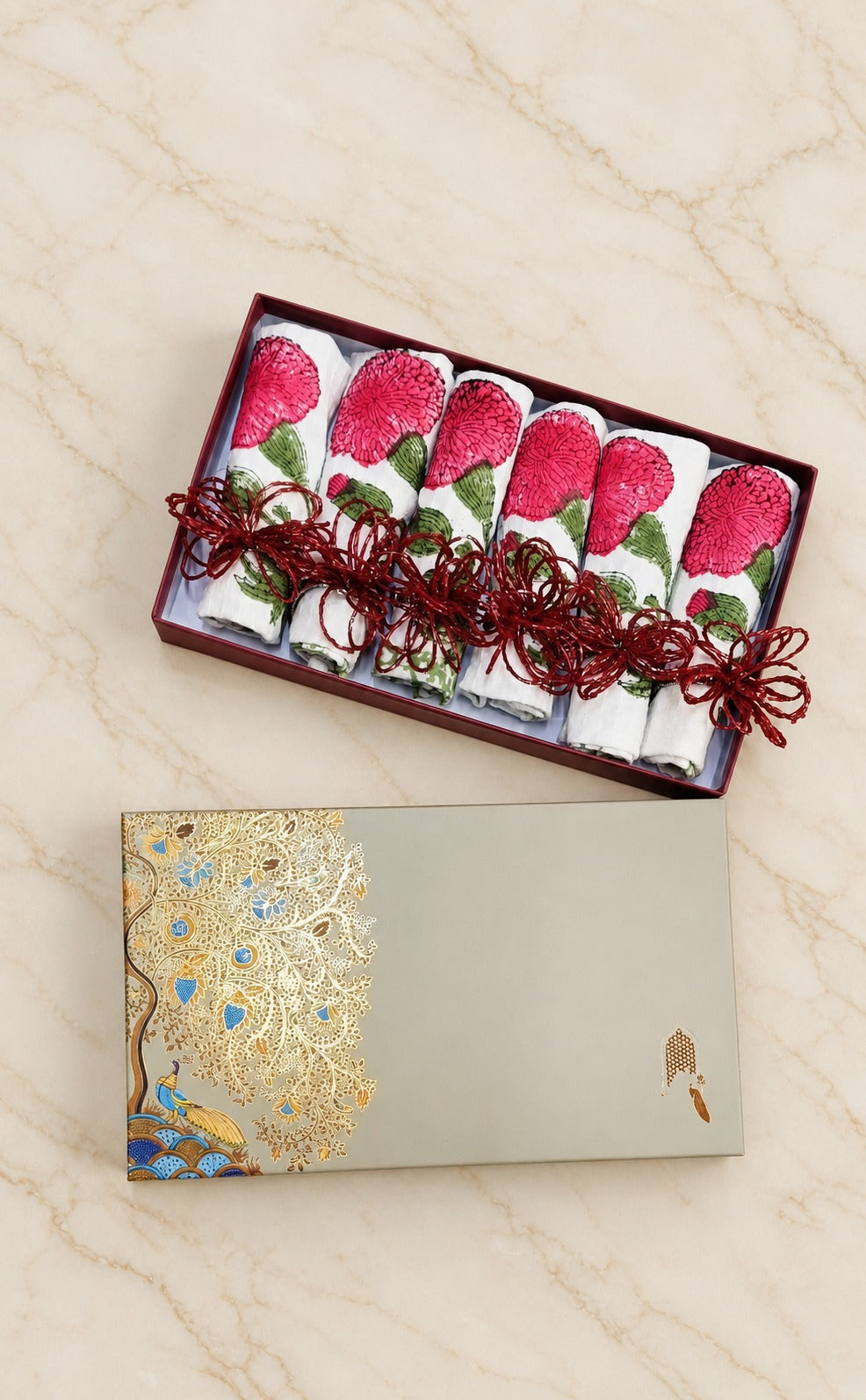 Diwali Gift Box - Hand Block Printed Cotton Napkin Set of 6 with Tassel Napkin Rings