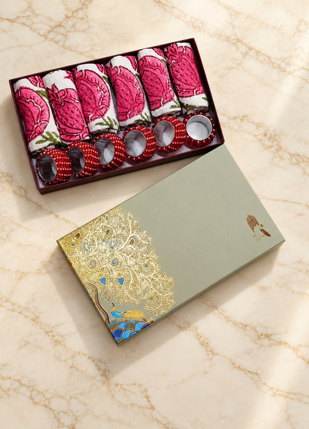 Diwali Gift Box - Hand Block Printed Cotton Napkin Set of 6 with Tassel Napkin Rings