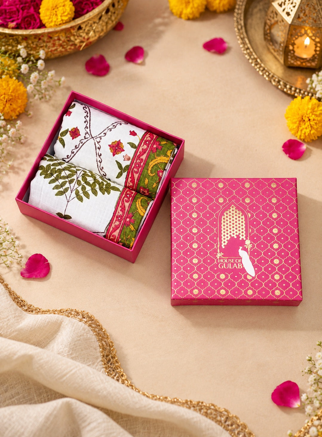 Diwali Gift Box | Set of 2 Waffle Cotton Handblock Printed Hand Towels