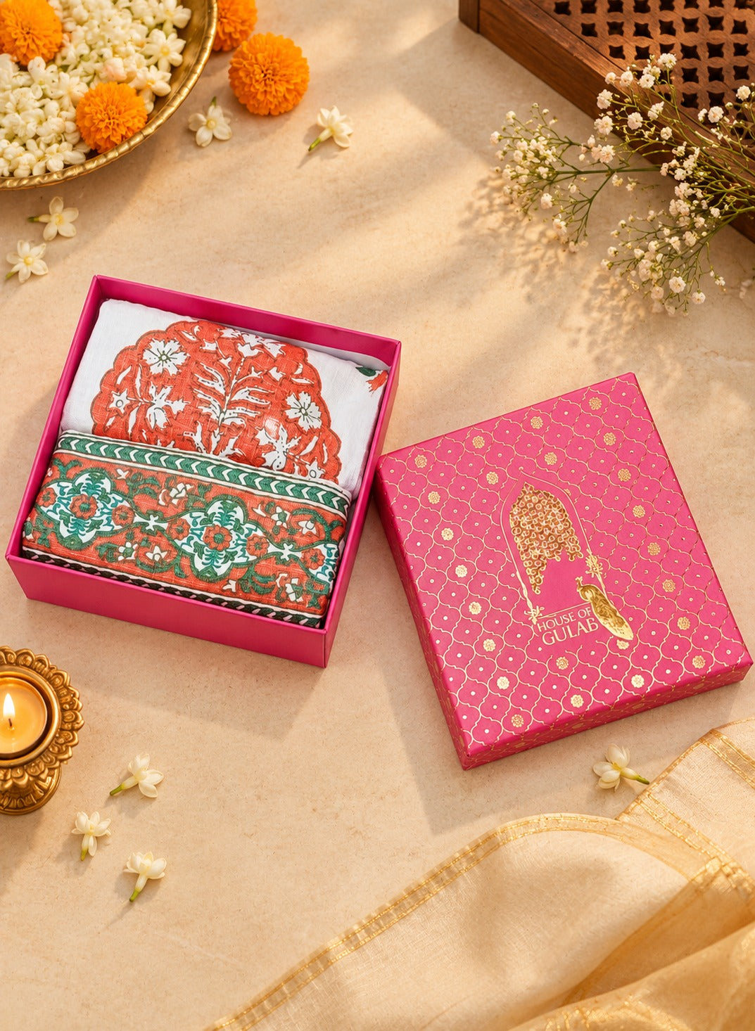 Diwali Gift Box | Set of 2 Waffle Cotton Handblock Printed Hand Towels