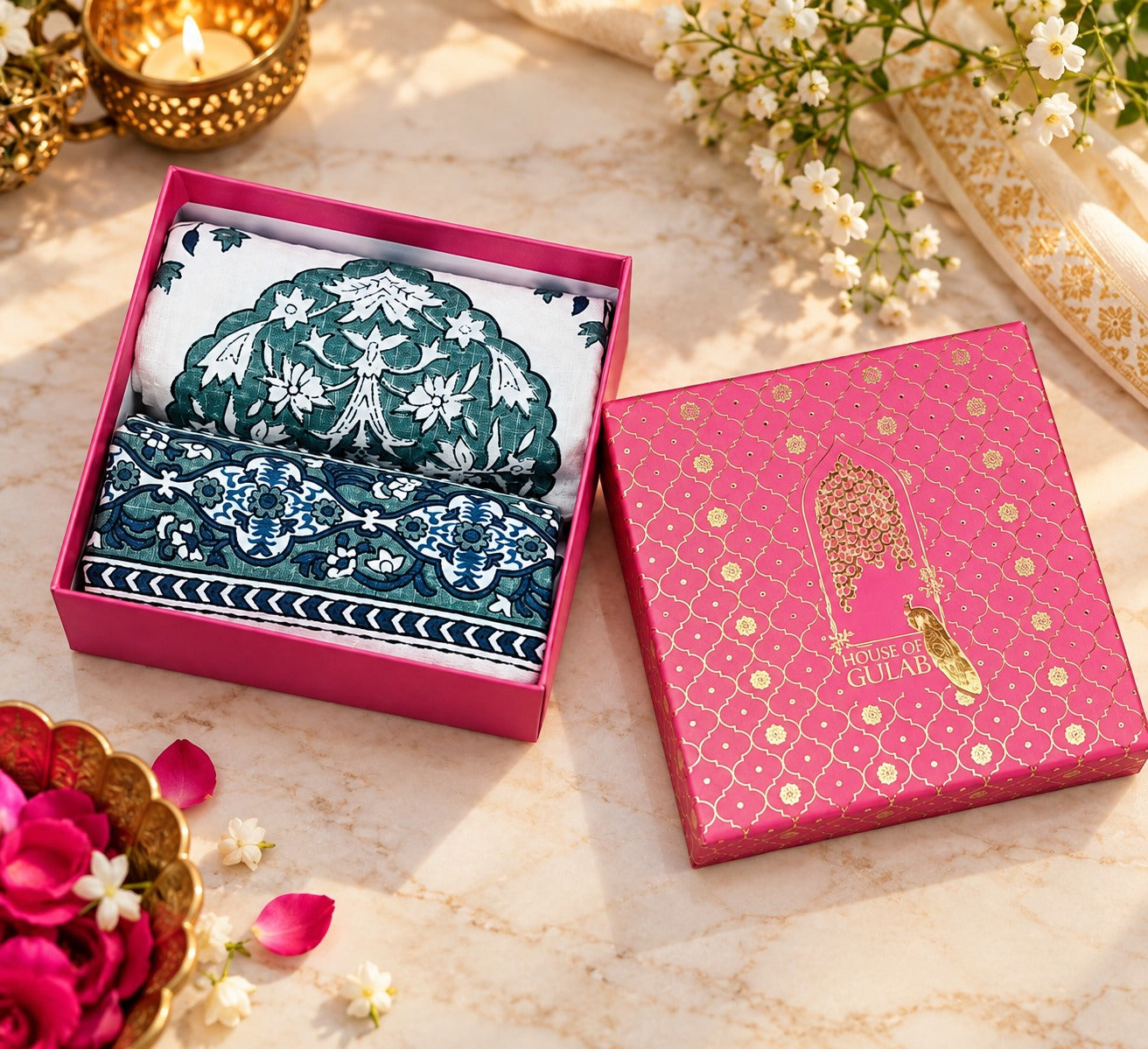 Diwali Gift Box | Set of 2 Waffle Cotton Handblock Printed Hand Towels