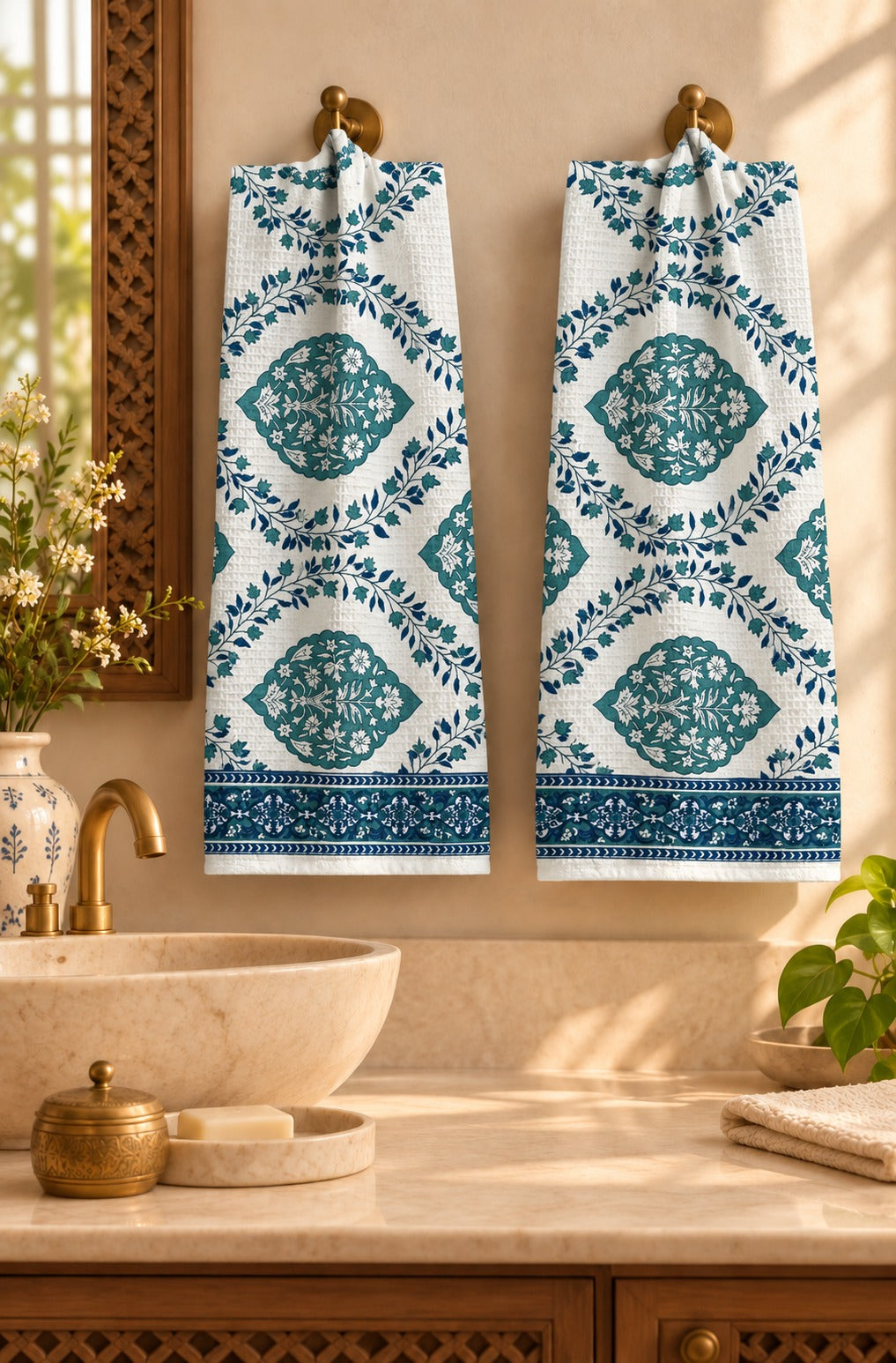 Diwali Gift Box | Set of 2 Waffle Cotton Handblock Printed Hand Towels