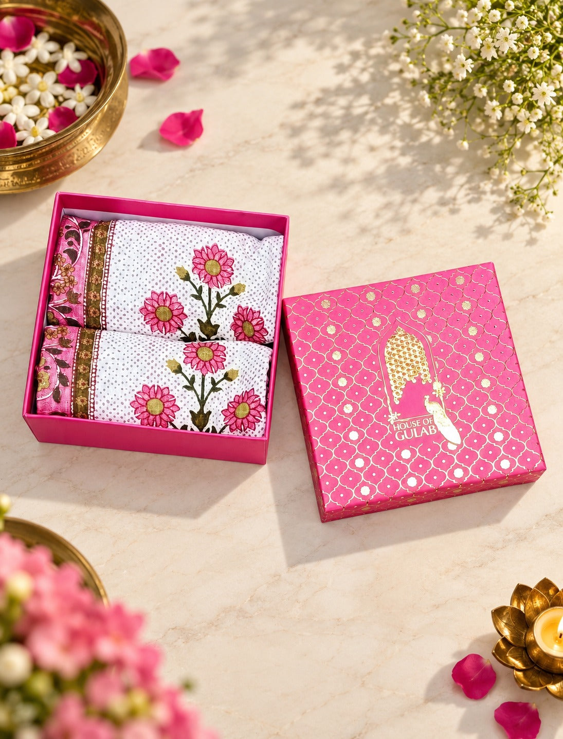 Diwali Gift Box | Set of 2 Waffle Cotton Handblock Printed Hand Towels