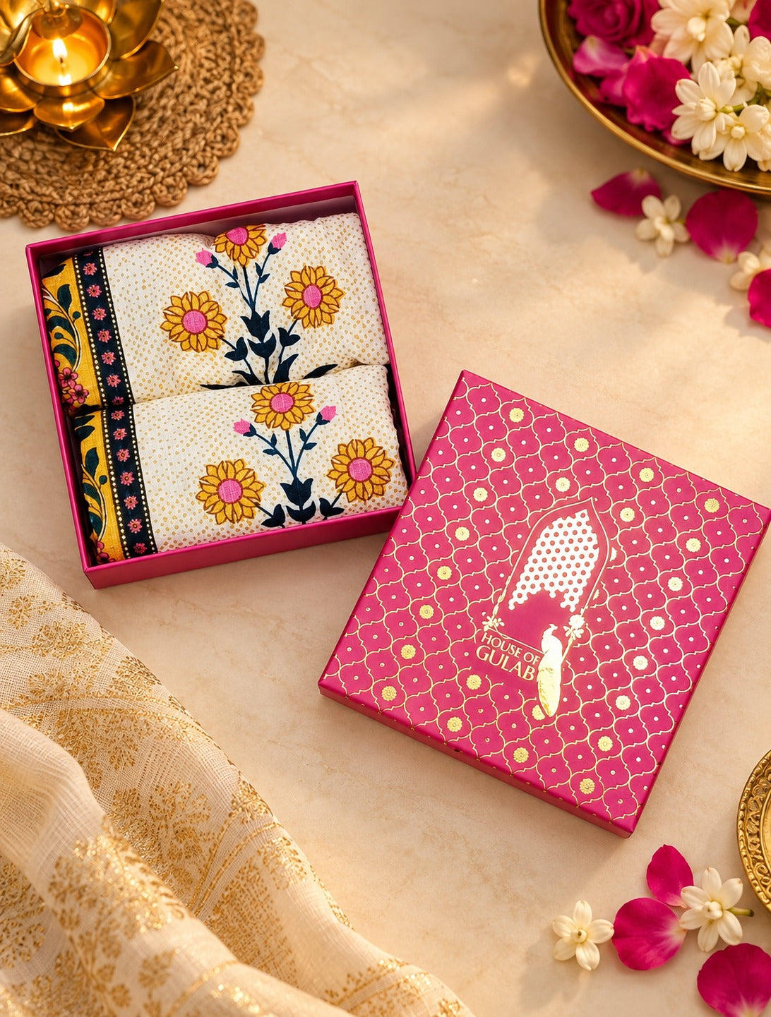 Diwali Gift Box | Set of 2 Waffle Cotton Handblock Printed Hand Towels