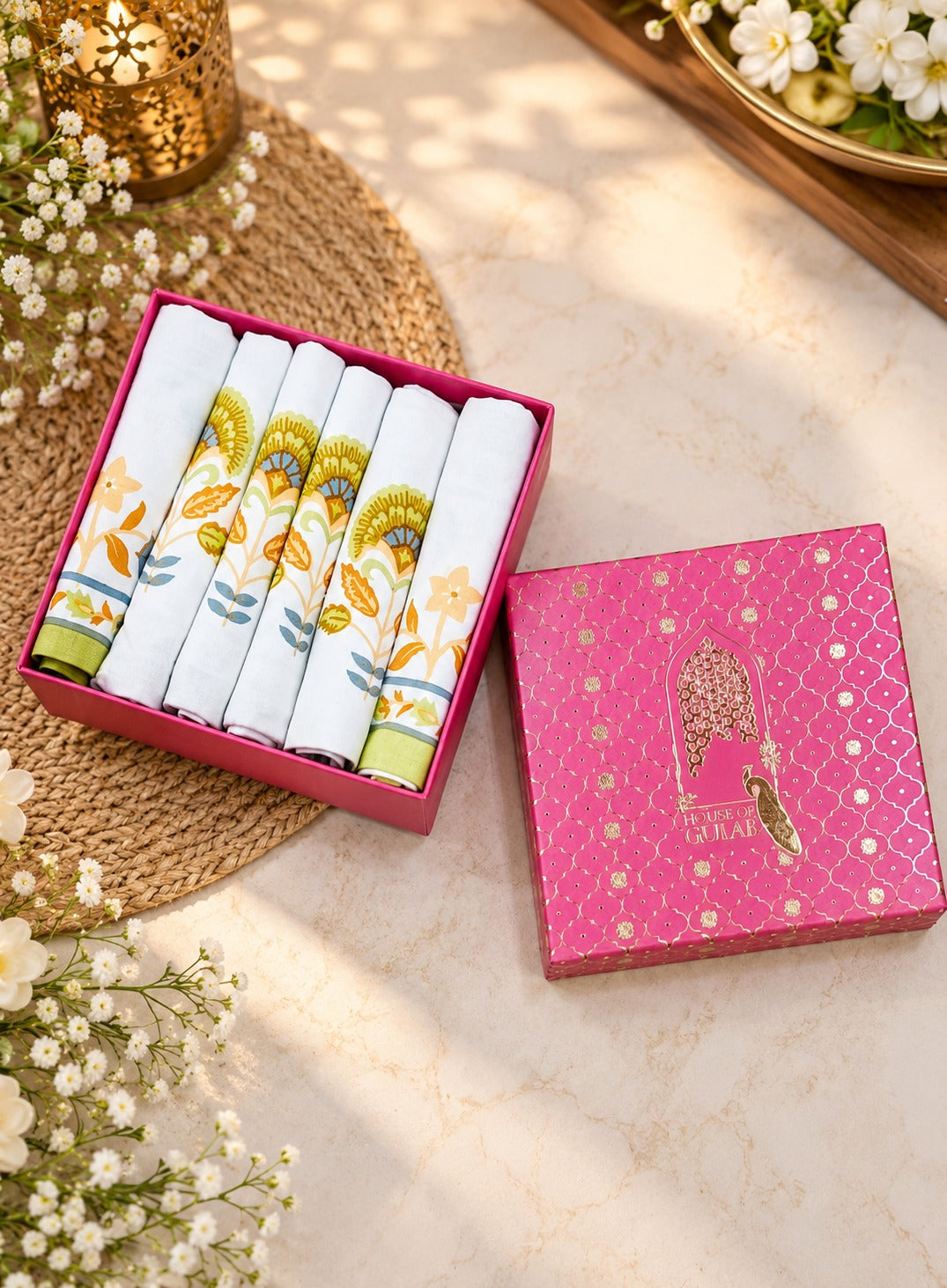 Diwali Gift Box - Hand Block Printed Cotton Napkin Set of 6