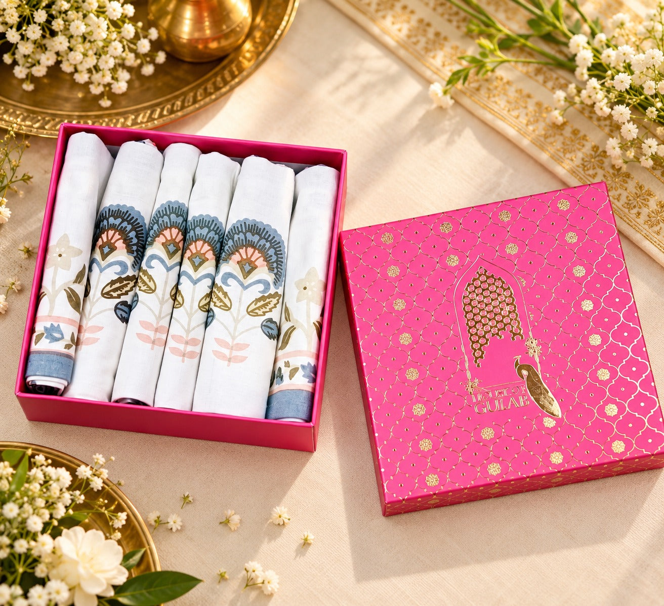 Diwali Gift Box - Hand Block Printed Cotton Napkin Set of 6