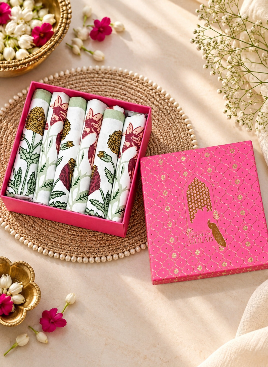 Diwali Gift Box - Hand Block Printed Cotton Napkin Set of 6