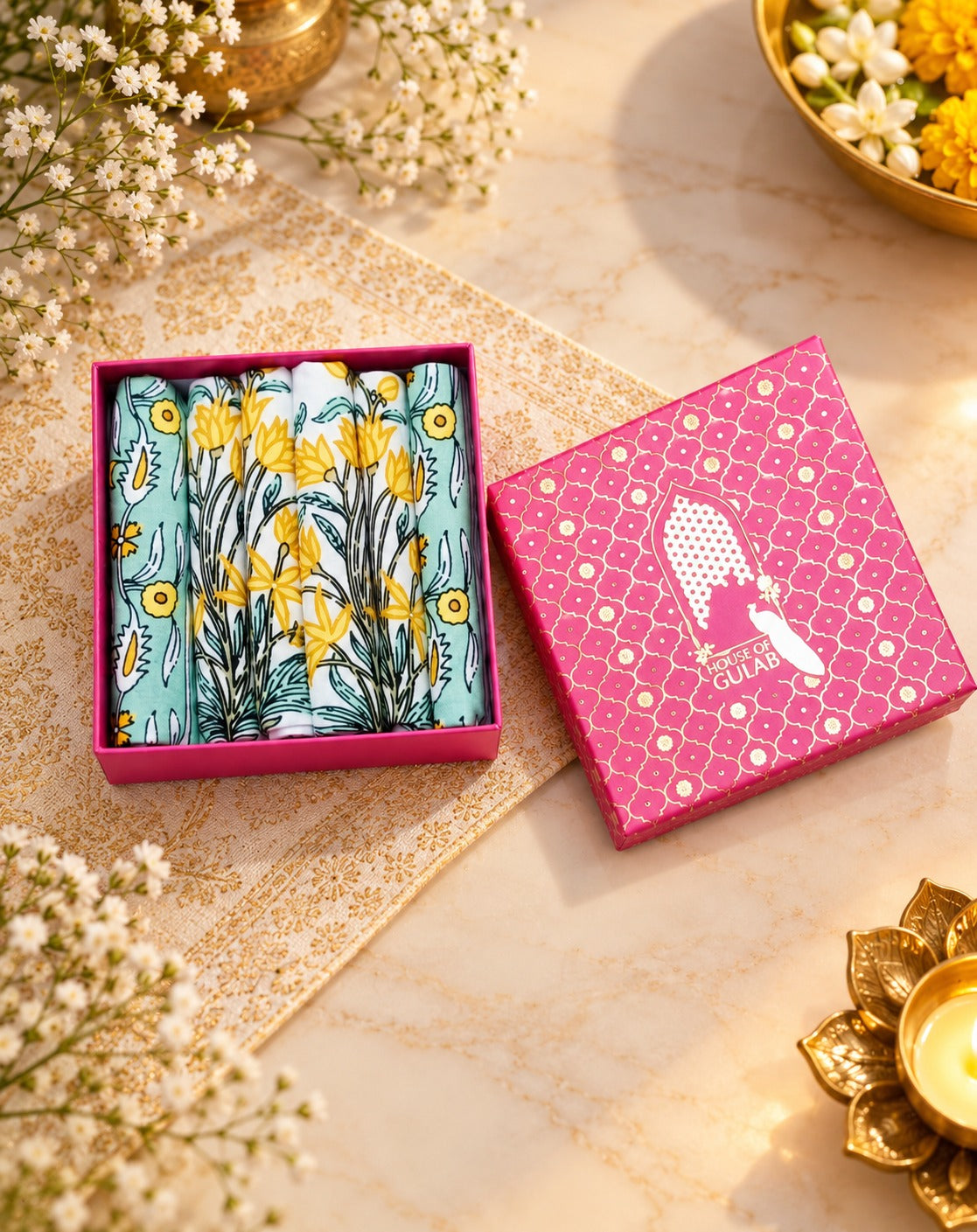 Diwali Gift Box - Hand Block Printed Cotton Napkin Set of 6