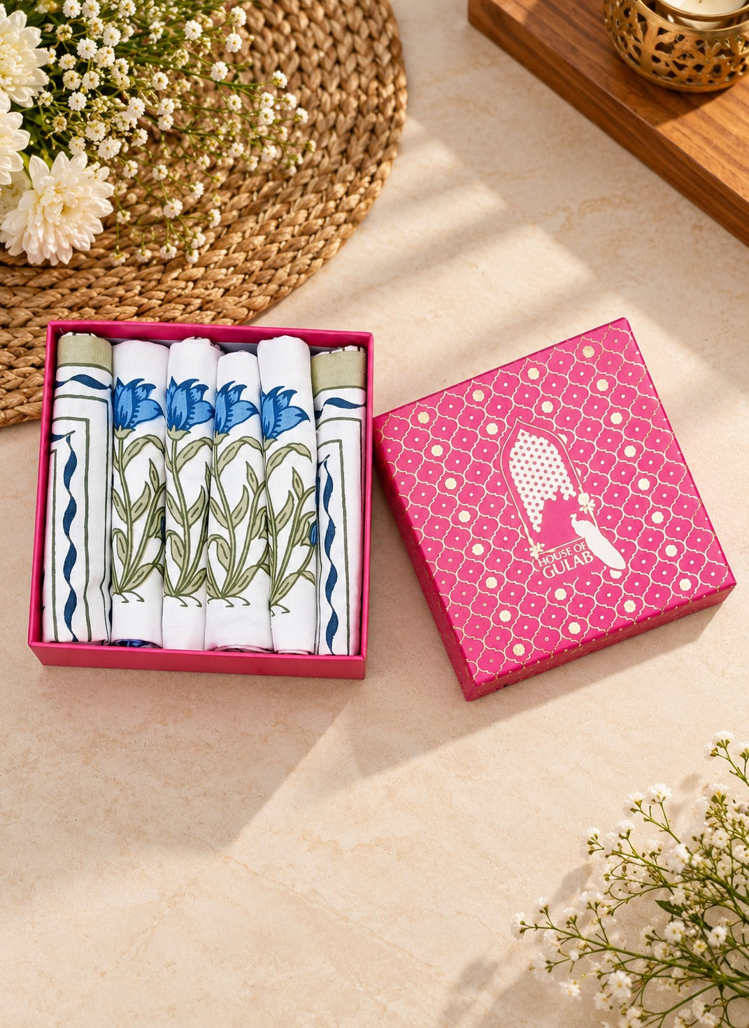 Diwali Gift Box - Hand Block Printed Cotton Napkin Set of 6