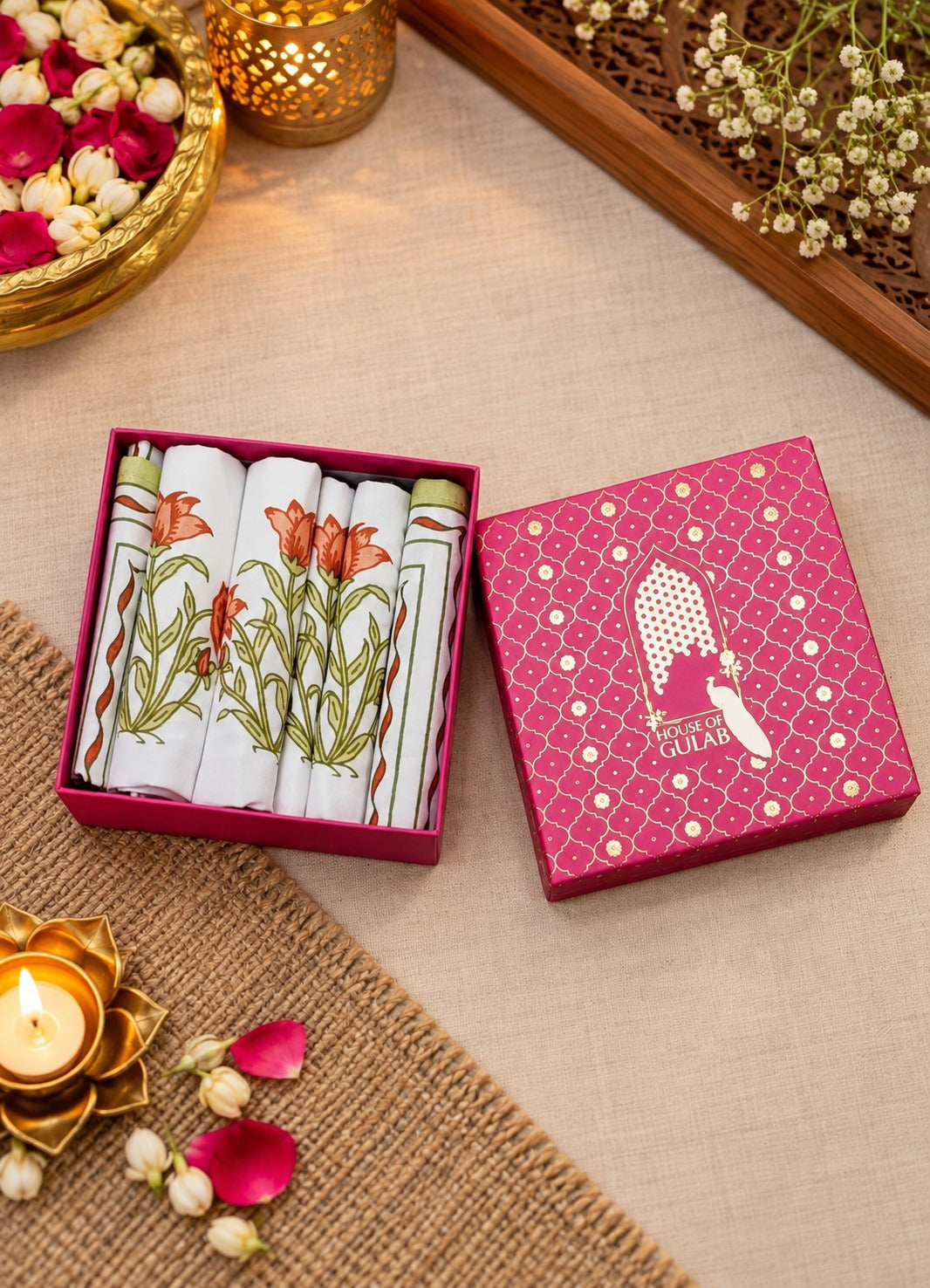 Diwali Gift Box - Hand Block Printed Cotton Napkin Set of 6