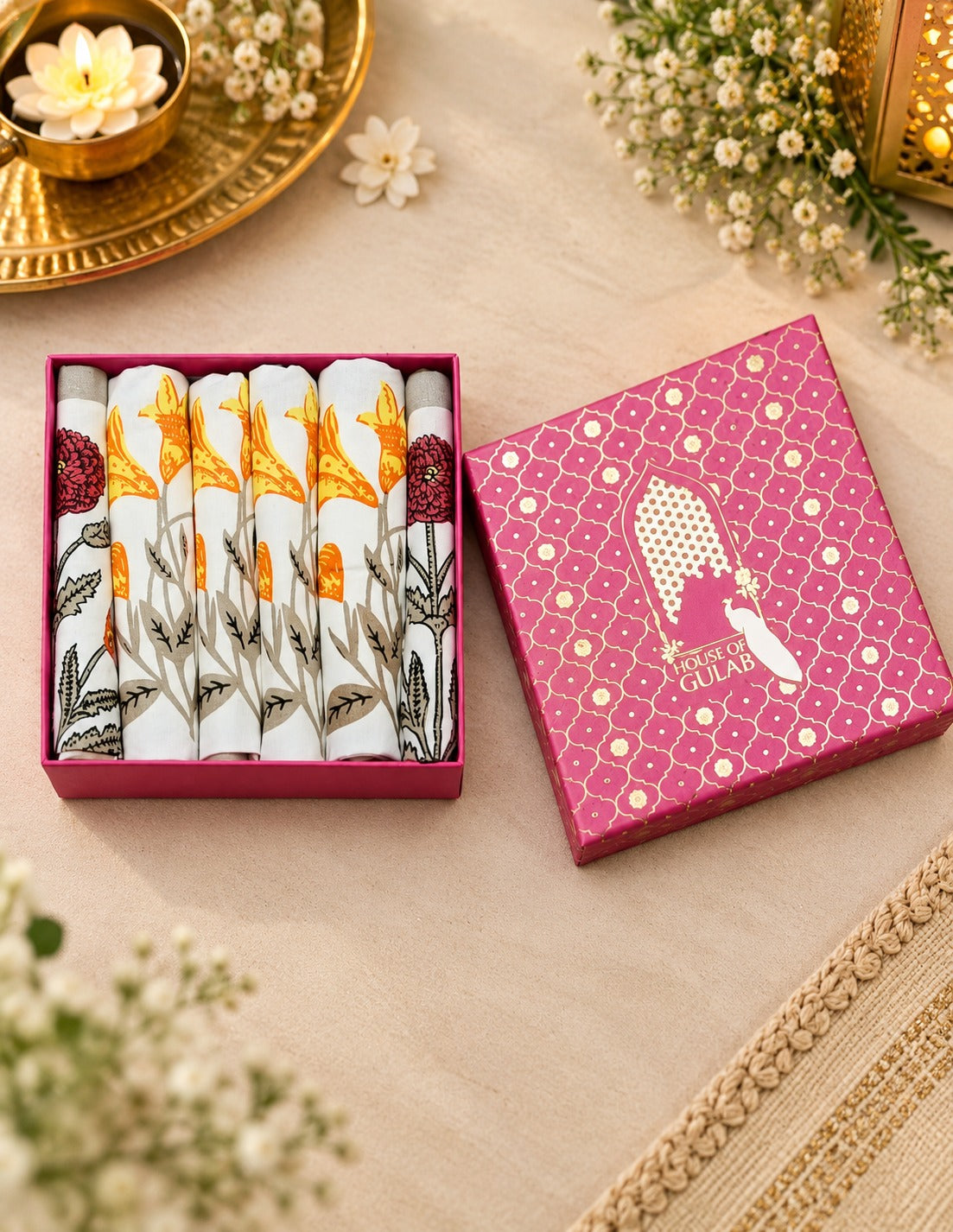 Diwali Gift Box - Hand Block Printed Cotton Napkin Set of 6