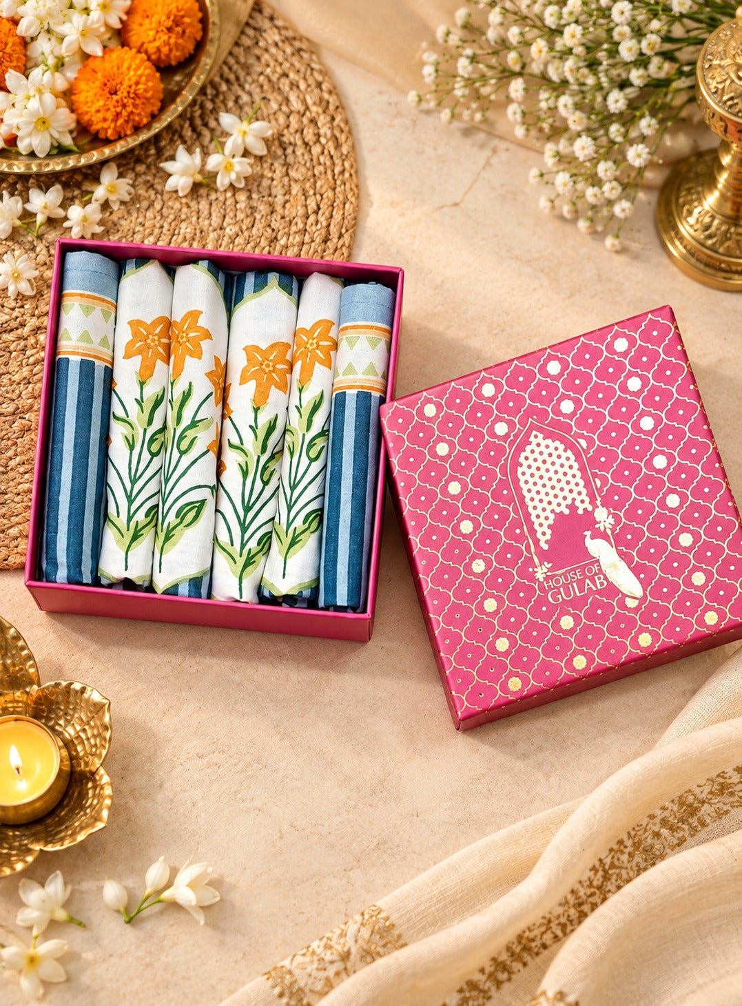 Diwali Gift Box - Hand Block Printed Cotton Napkin Set of 6