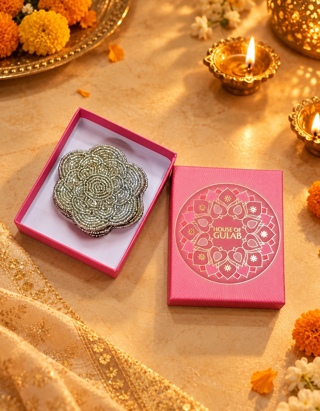 Diwali Gift Box Set of 4 Handcrafted Beaded Coasters