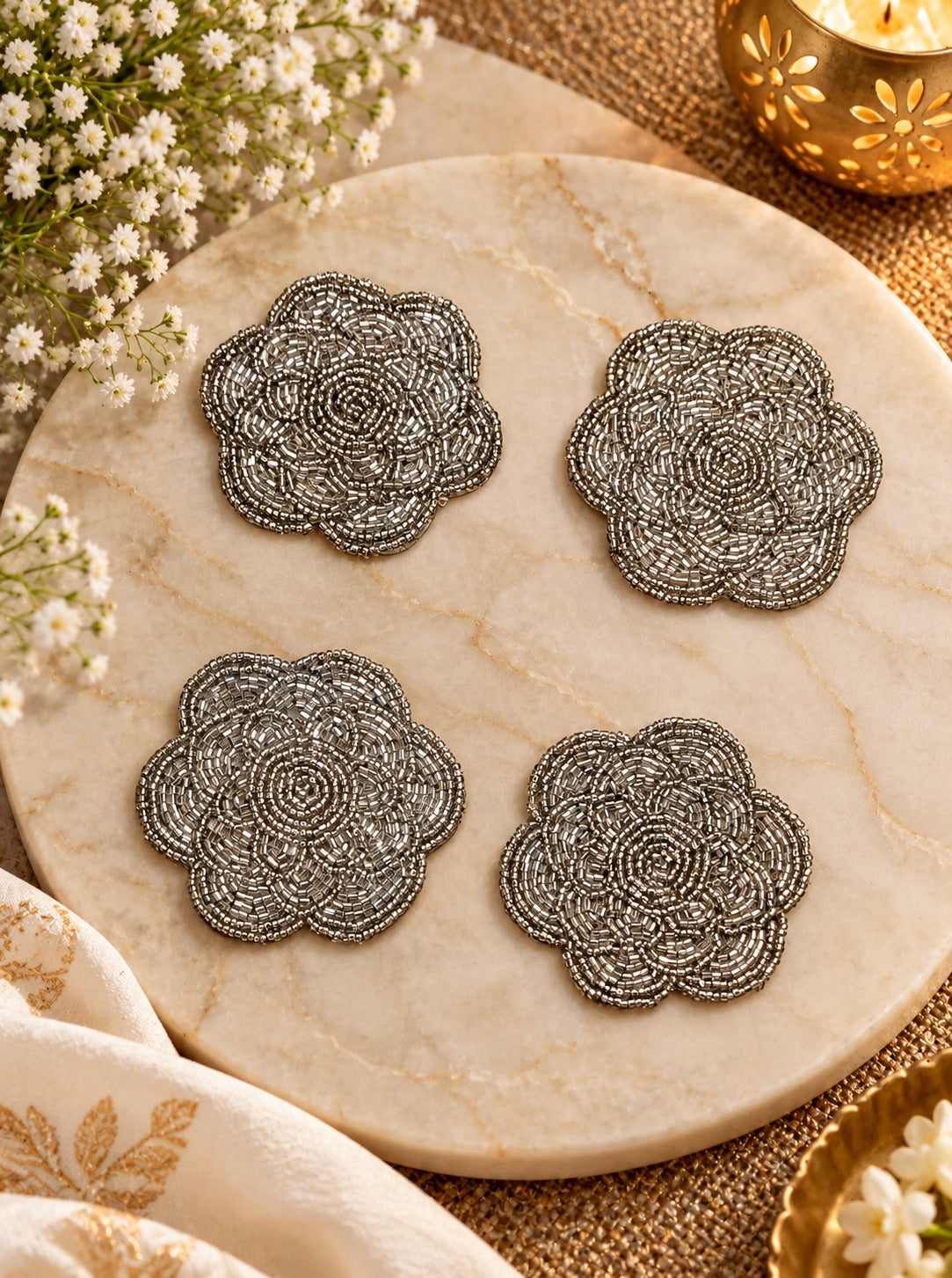 Diwali Gift Box Set of 4 Handcrafted Beaded Coasters