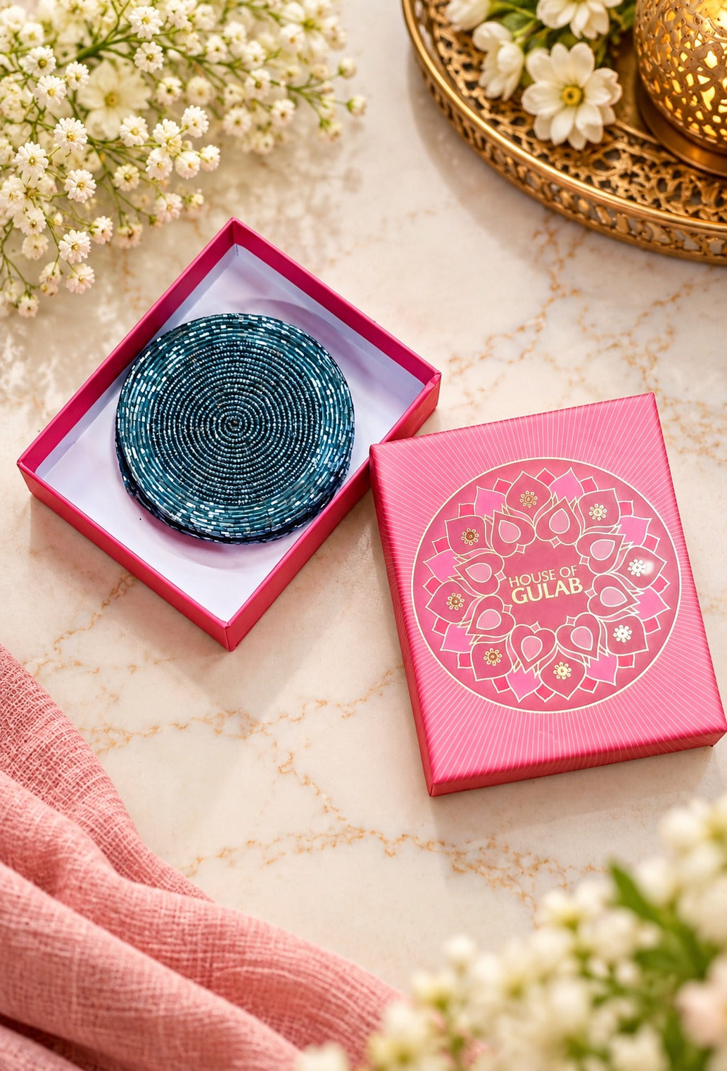 Diwali Gift Box Set of 4 Handcrafted Beaded Coasters