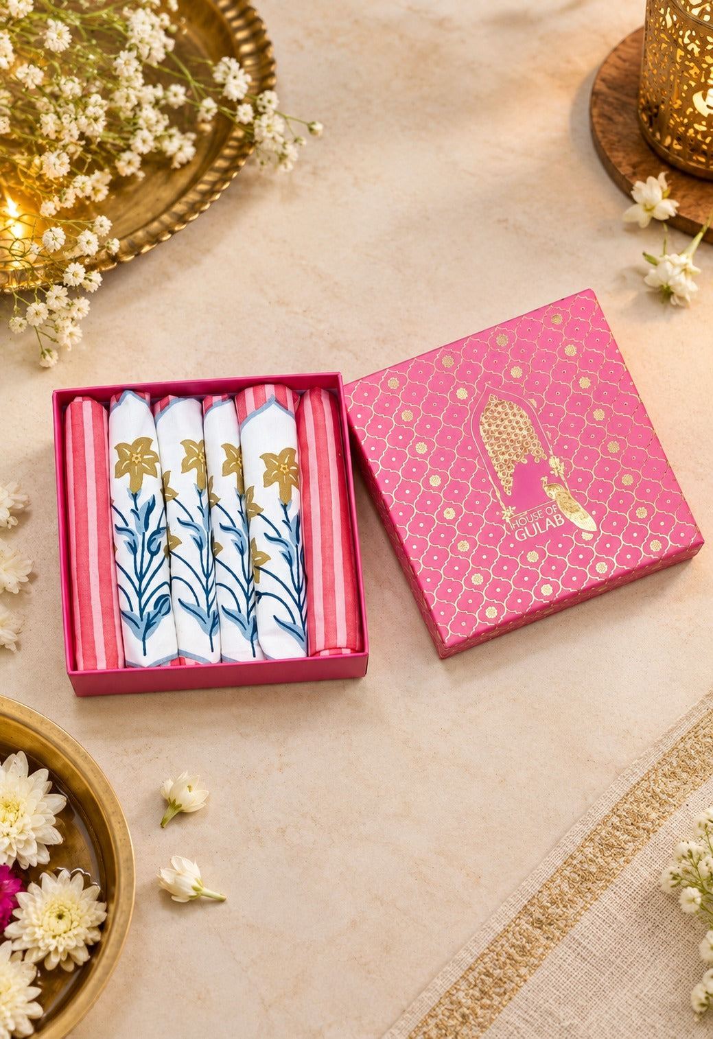 Diwali Gift Box - Hand Block Printed Cotton Napkin Set of 6