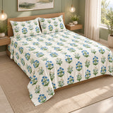 Diwali Bedsheet Value Gift Box | 1 Double Polycotton Bedsheet & 2 Pillow Covers, 1 Large Peacock Metal Urli