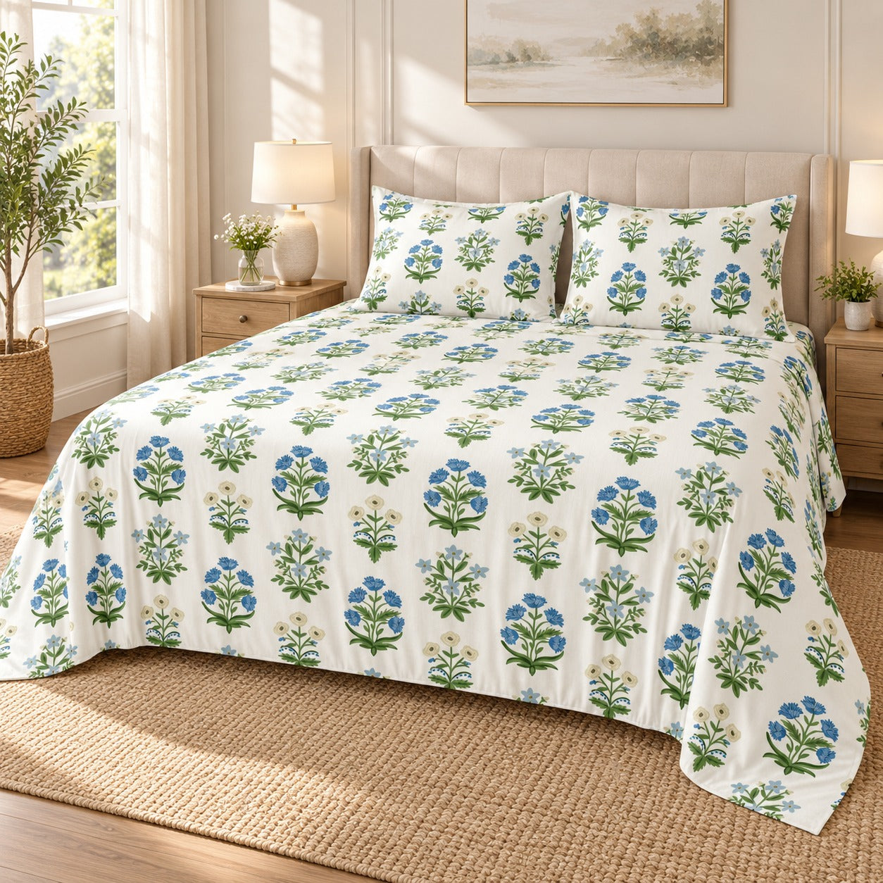 Diwali Bedsheet Value Gift Box | 1 Double Polycotton Bedsheet & 2 Pillow Covers, 1 Large Peacock Metal Urli