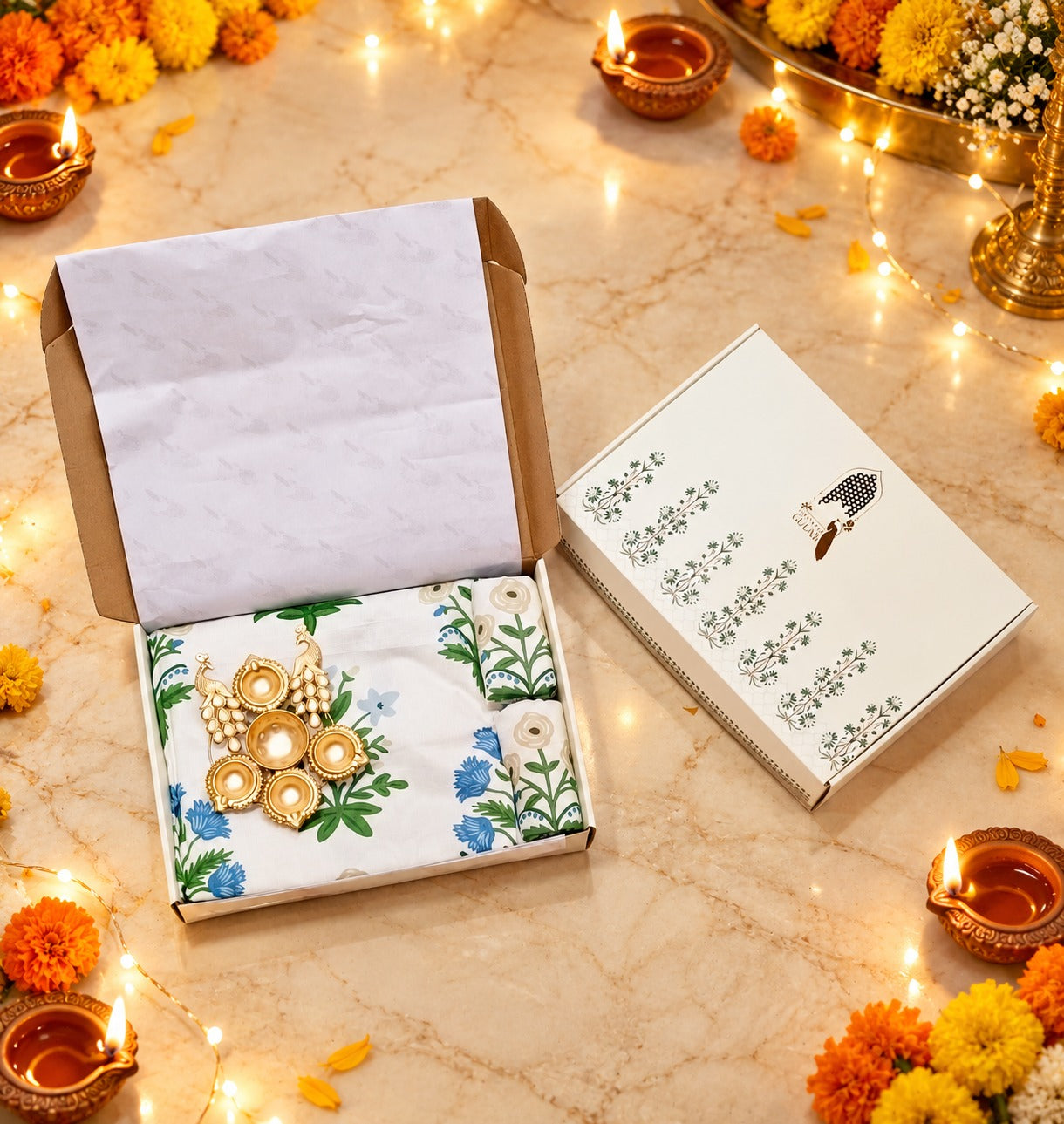 Diwali Bedsheet Value Gift Box | 1 Double Polycotton Bedsheet & 2 Pillow Covers, 1 Large Peacock Metal Urli