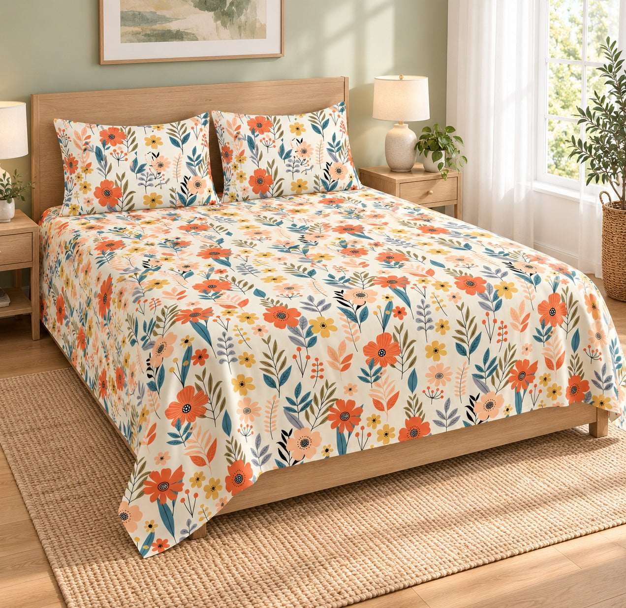Diwali Bedsheet Value Gift Box | 1 Double Polycotton Bedsheet & 2 Pillow Covers, 1 Large Peacock Metal Urli