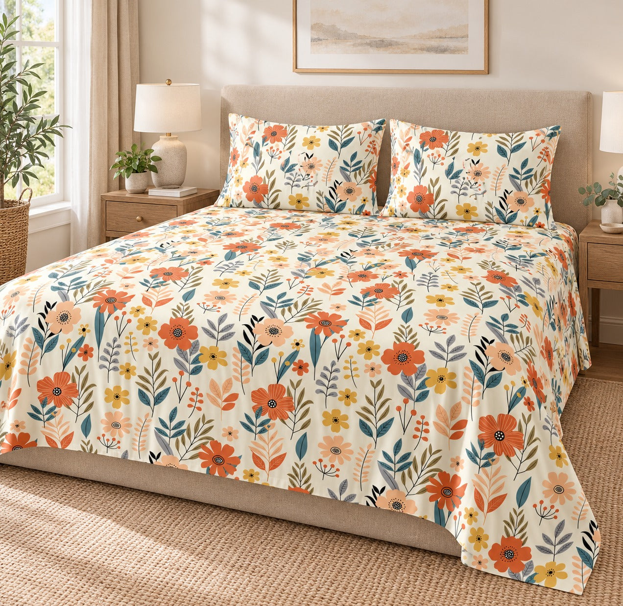 Diwali Bedsheet Value Gift Box | 1 Double Polycotton Bedsheet & 2 Pillow Covers, 1 Large Peacock Metal Urli