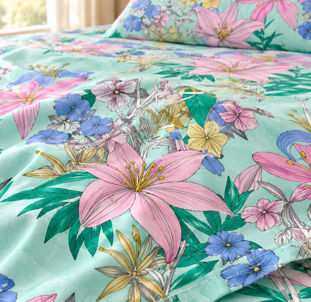 Diwali Bedsheet Value Gift Box | 1 Double Polycotton Bedsheet & 2 Pillow Covers, 1 Large Peacock Metal Urli