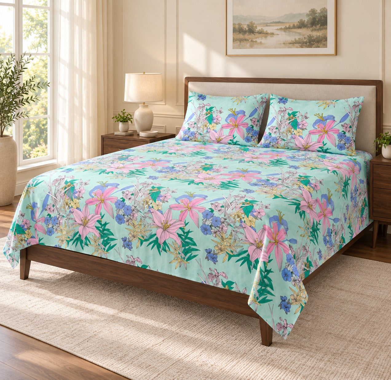Diwali Bedsheet Value Gift Box | 1 Double Polycotton Bedsheet & 2 Pillow Covers, 1 Large Peacock Metal Urli