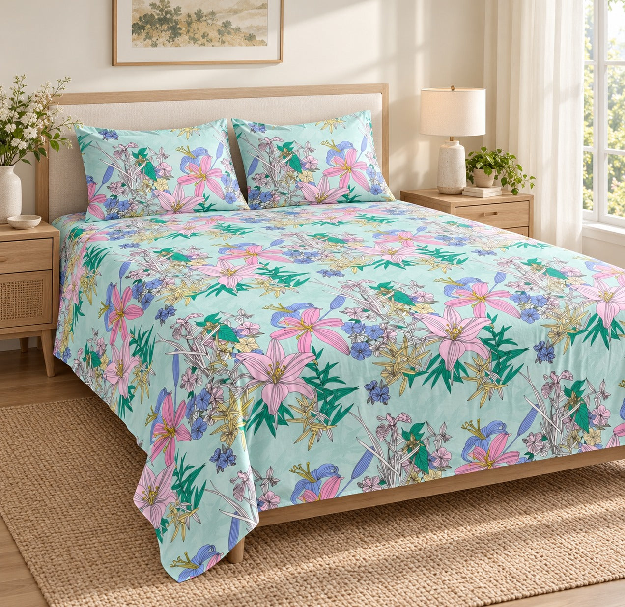 Diwali Bedsheet Value Gift Box | 1 Double Polycotton Bedsheet & 2 Pillow Covers, 1 Large Peacock Metal Urli