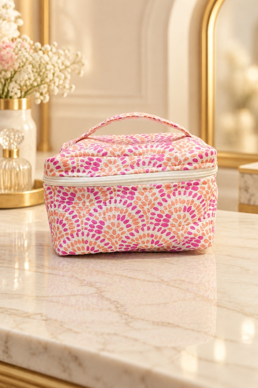 Handcrafted Quilted Makeup Organizer Bag | Cosmetic & Travel Vanity Case - 9x6.5x6.2 inches