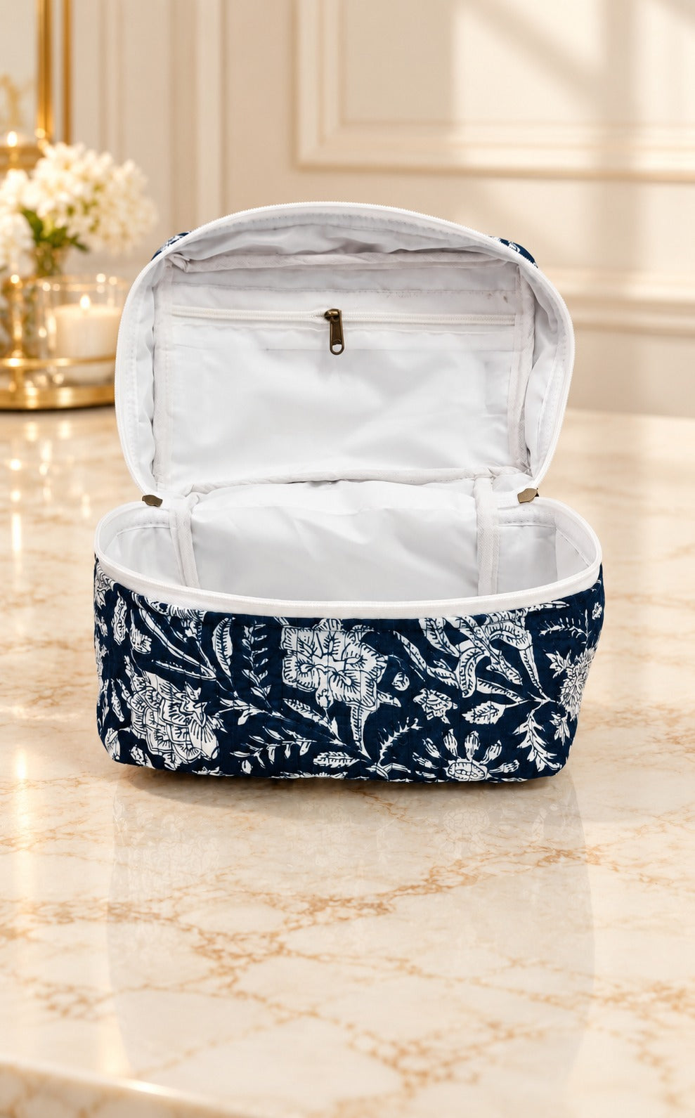 Handcrafted Quilted Makeup Organizer Bag | Cosmetic & Travel Vanity Case - 9x6.5x6.2 inches