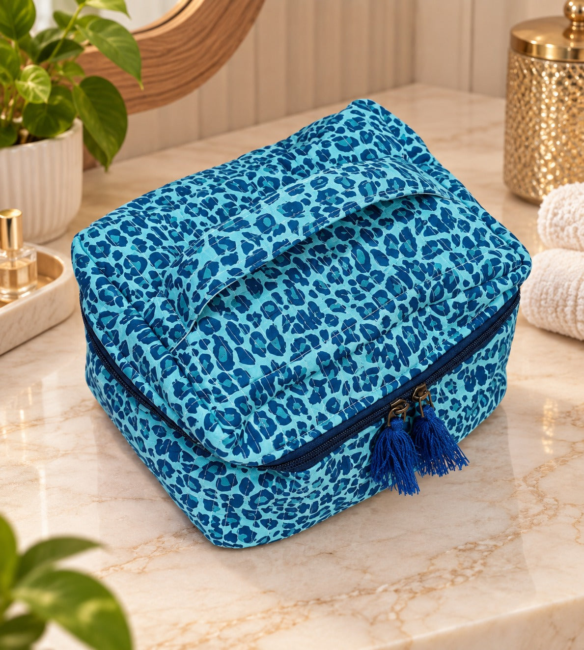 Handcrafted Quilted Makeup Organizer Bag | Cosmetic & Travel Vanity Case - 9x6.5x6.2 inches
